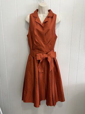 Anne Klein Orange Dress Sleeveless Belted 100% Silk Size 14